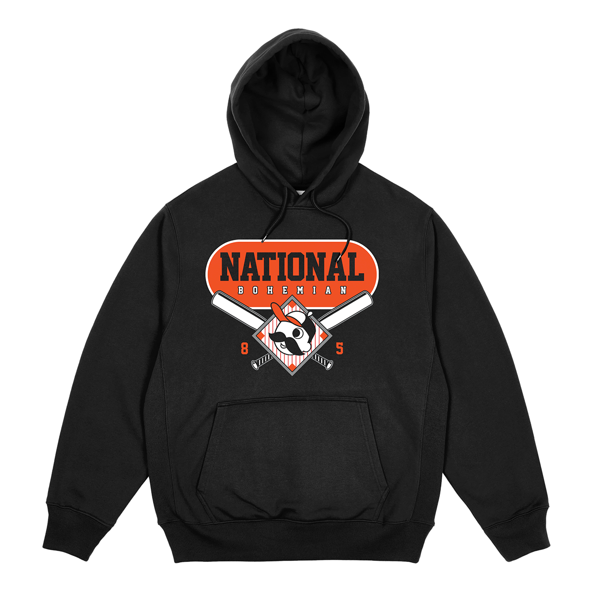 Black hoodie with a National Bohemian logo on a white background