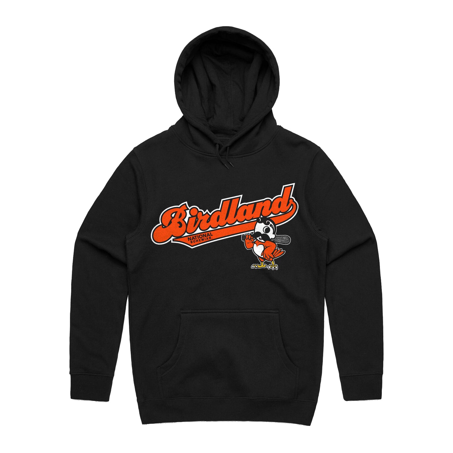 Black hoodie with 'Birdland' logo on a white background