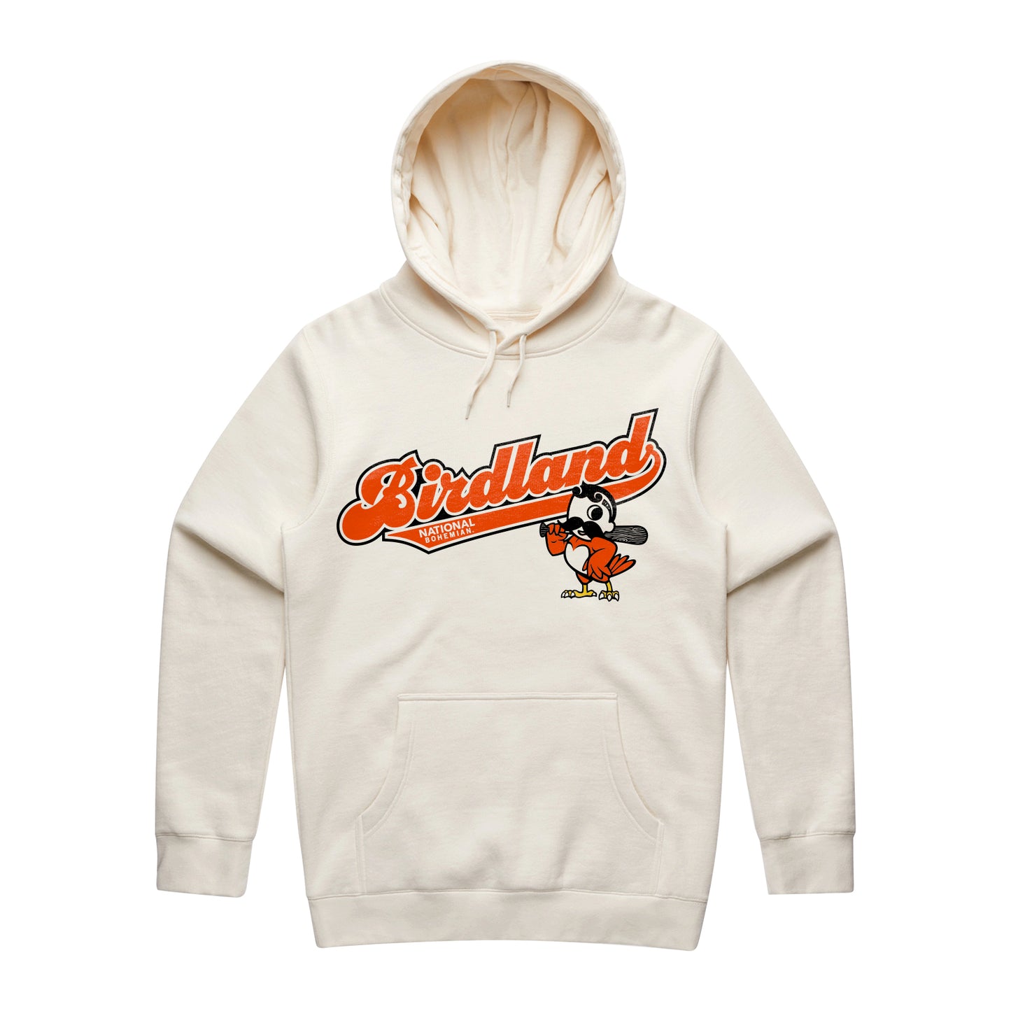 Ivory hoodie with 'Birdland' logo on a white background