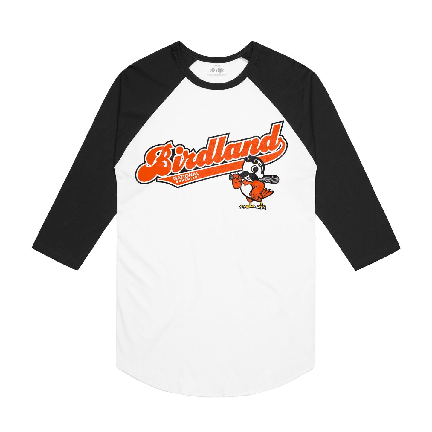Black and white baseball shirt with 'Birdland' logo on a white background