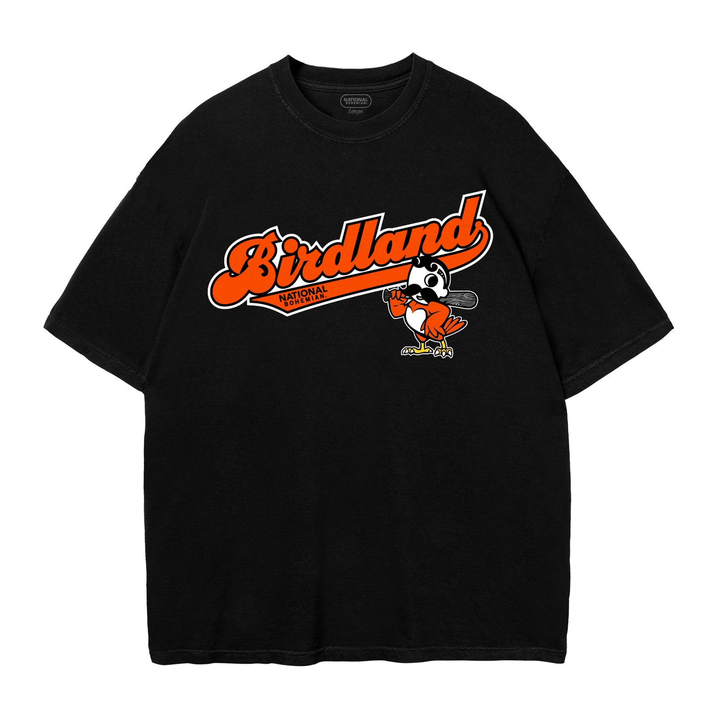 Black t-shirt with 'Birdland' logo and Boh as a bird on a white background