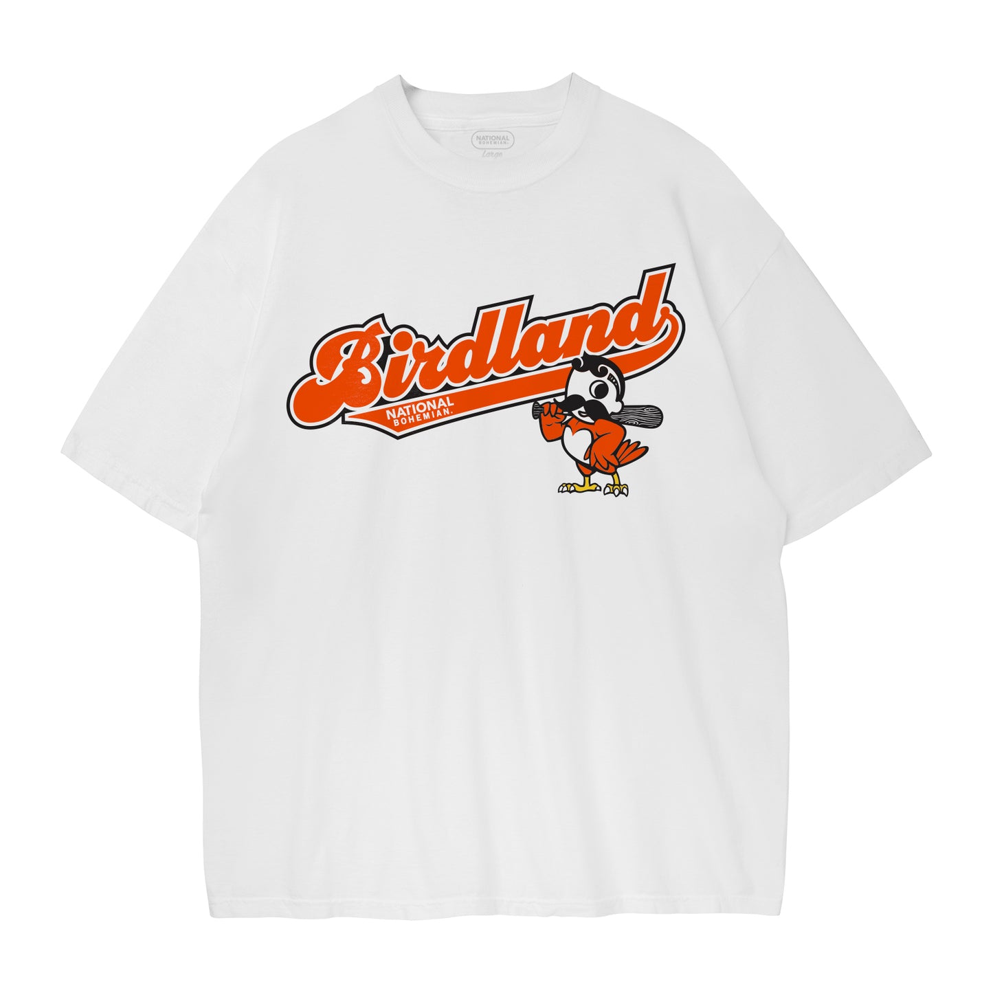 White t-shirt with 'Birdland' logo and Boh as a bird on a white background