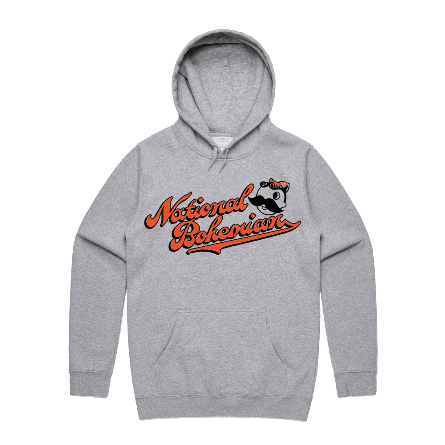 Gray hoodie with 'National Bohemian' logo on a white background