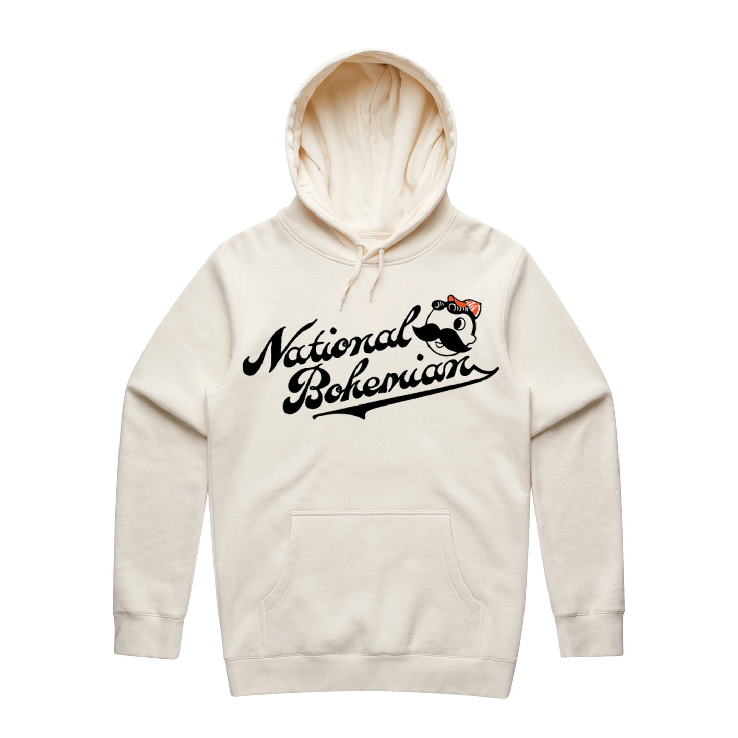 Beige hoodie with 'National Bohemian' logo on a white background