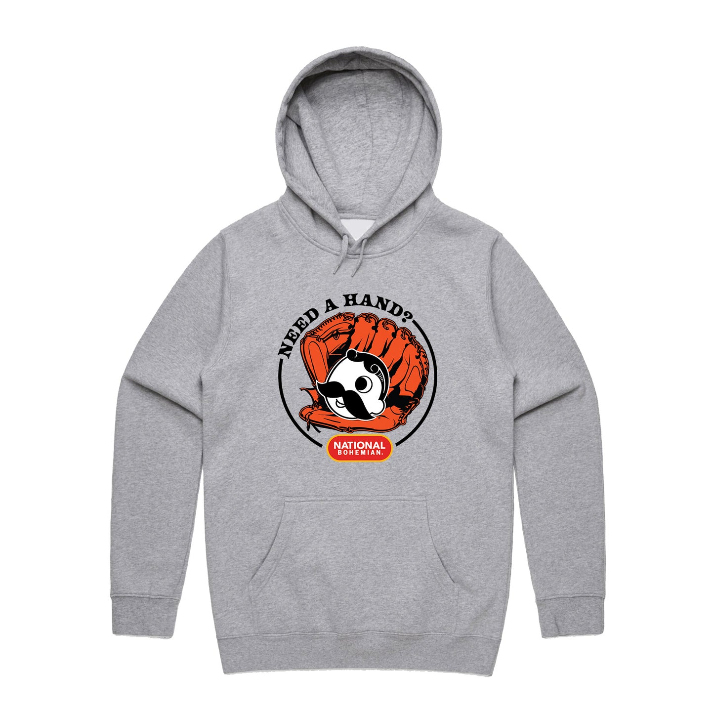 Gray hoodie with a Natty Boh graphic design on a white background