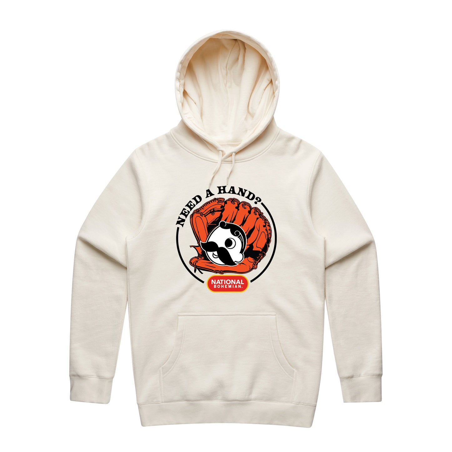 Beige hoodie with a Natty Boh graphic design on a white background