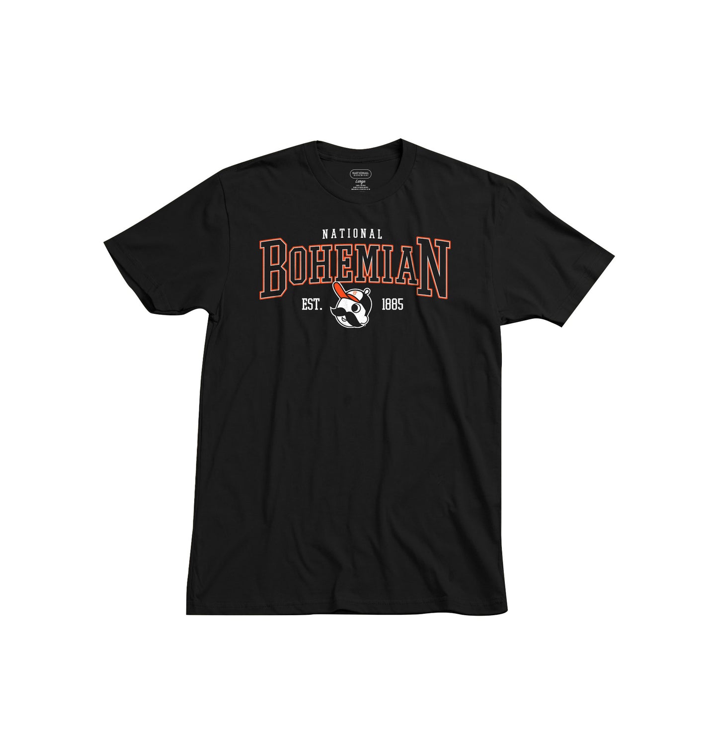 Black t-shirt with National Bohemian logo.