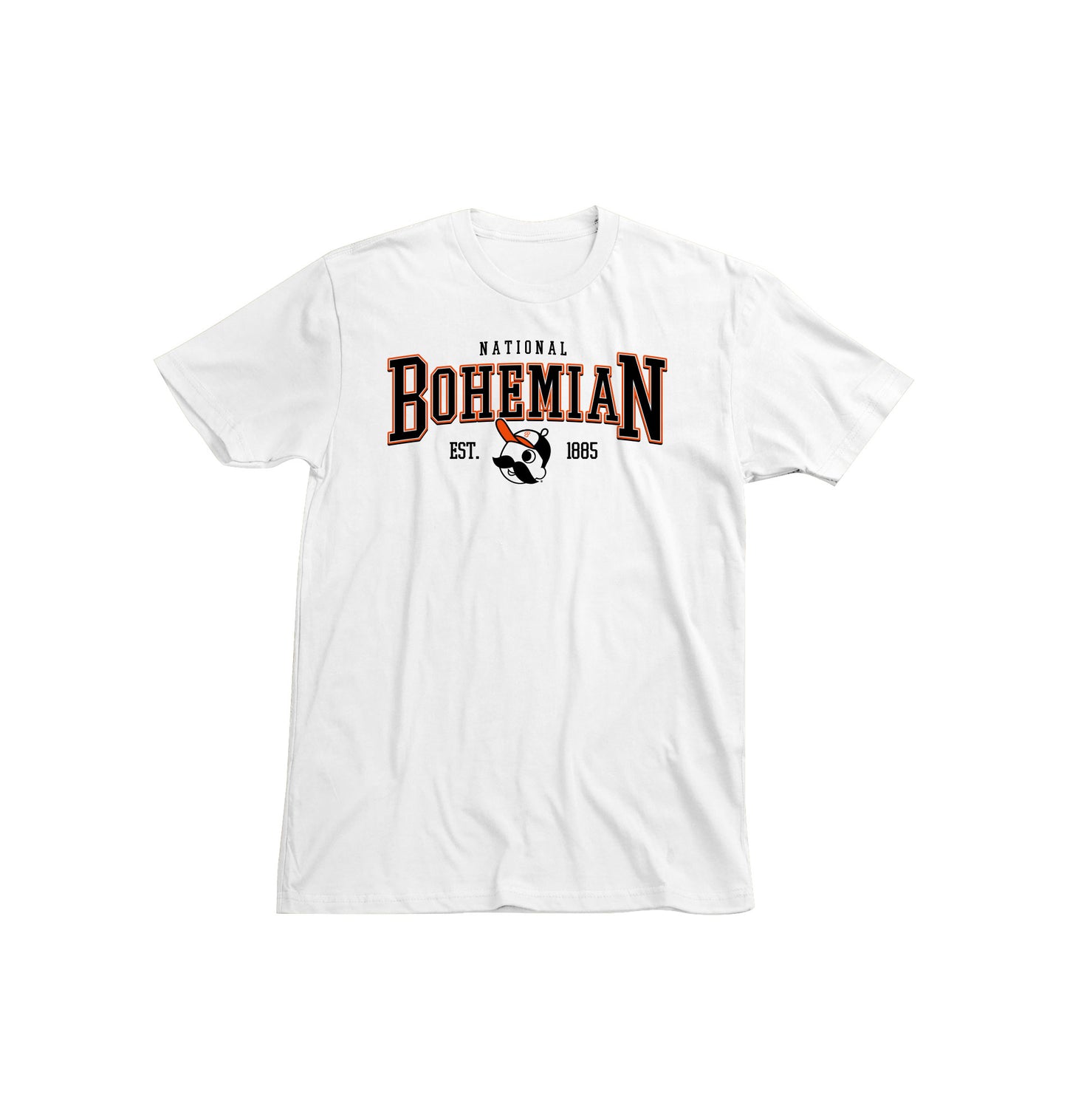 White t-shirt with National Bohemian logo on it.