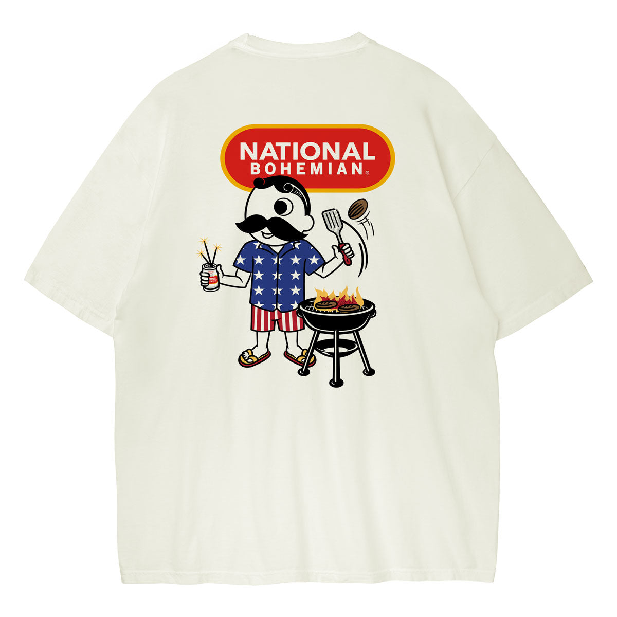 Ivory t-shirt with a graphic of Mr. Boh  grilling and holding a beer, with 'National Bohemian' branding.
