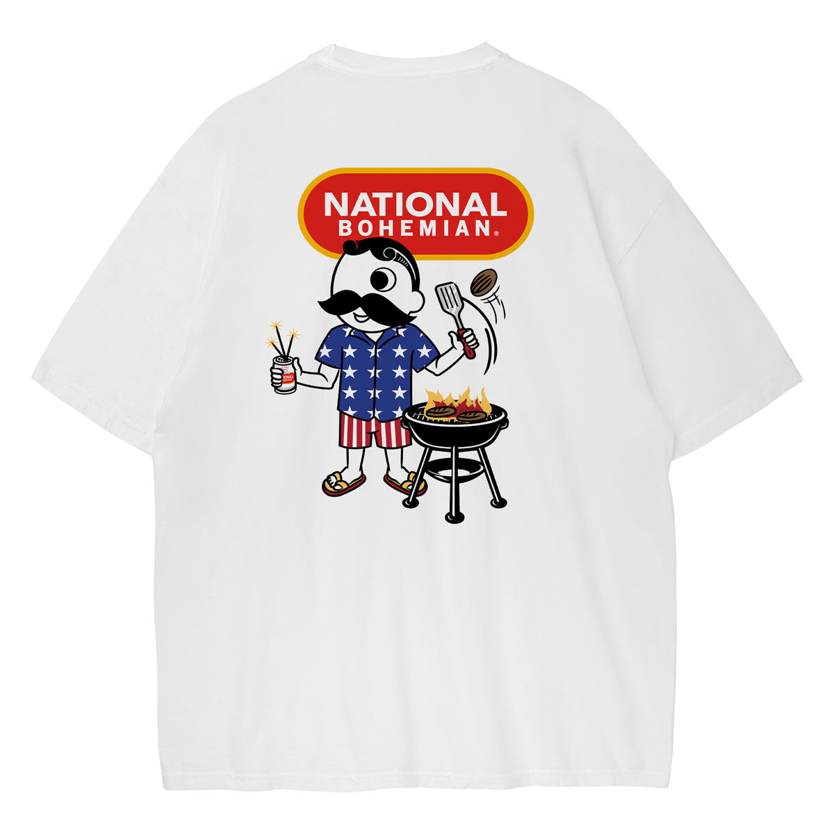White t-shirt with a graphic of Mr. Boh grilling and holding a beer, with 'National Bohemian' branding.