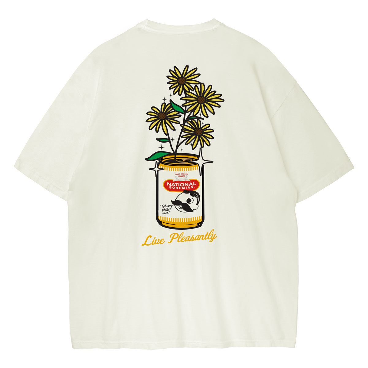 Ivory t-shirt with a jar of flowers graphic and 'Live Pleasantly' text on a white background