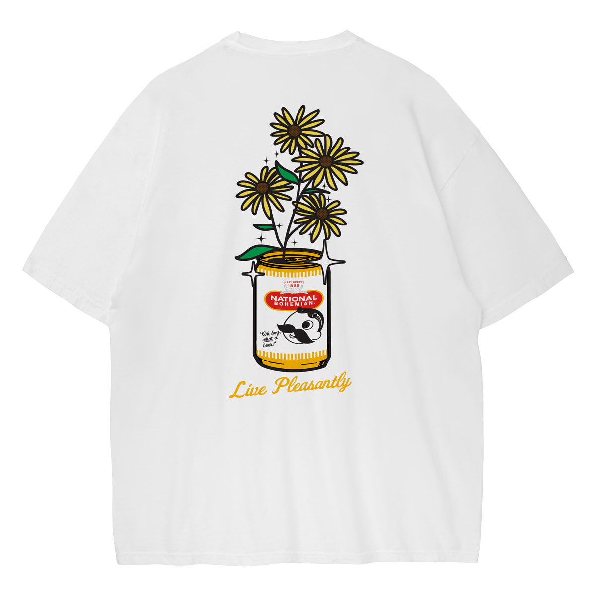 White t-shirt with a jar of flowers graphic and 'Live Pleasantly' text on a white background