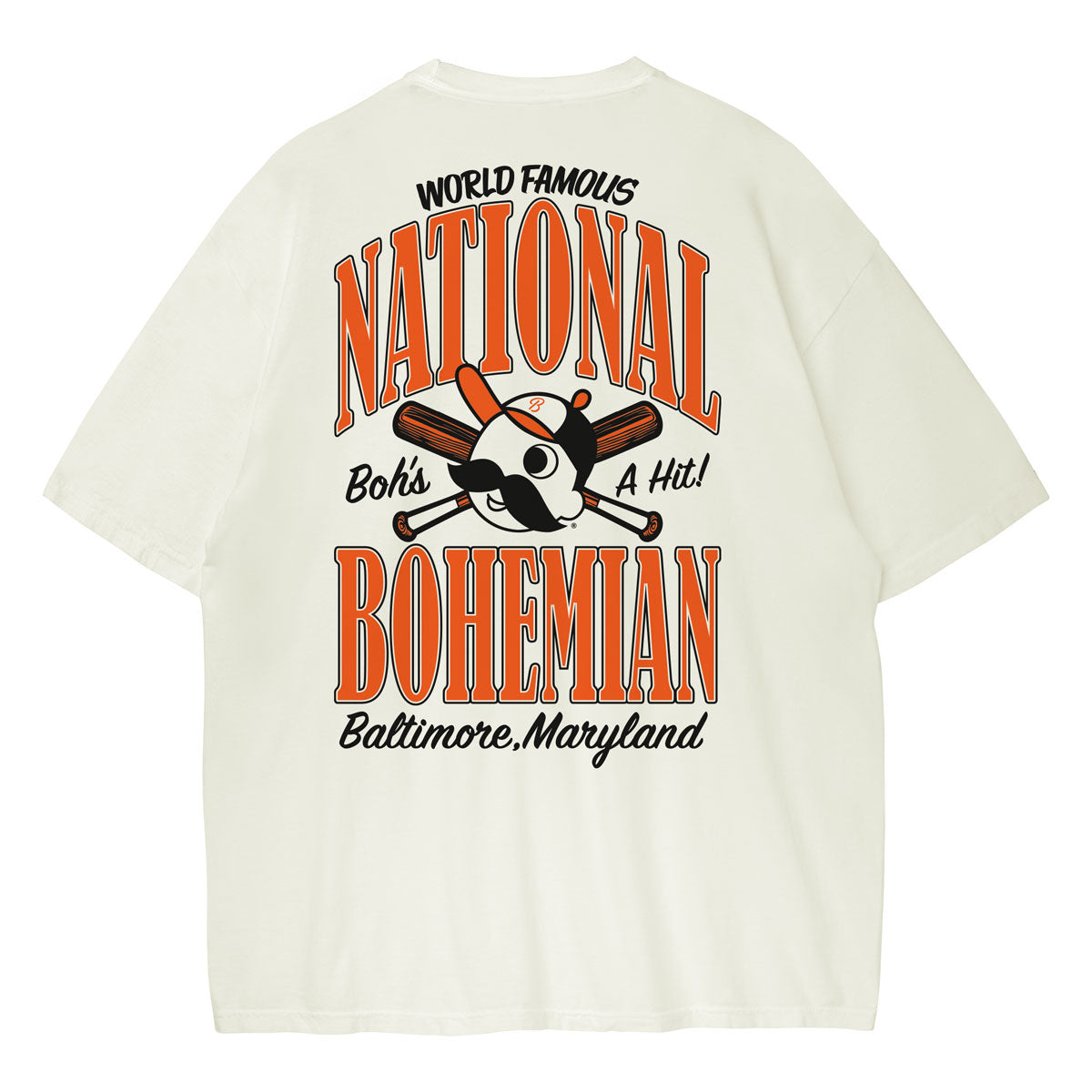 Ivory t-shirt with National Bohemian graphic and text on a white background
