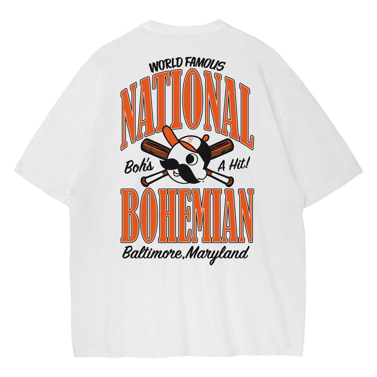 White t-shirt with National Bohemian graphic and text on a white background