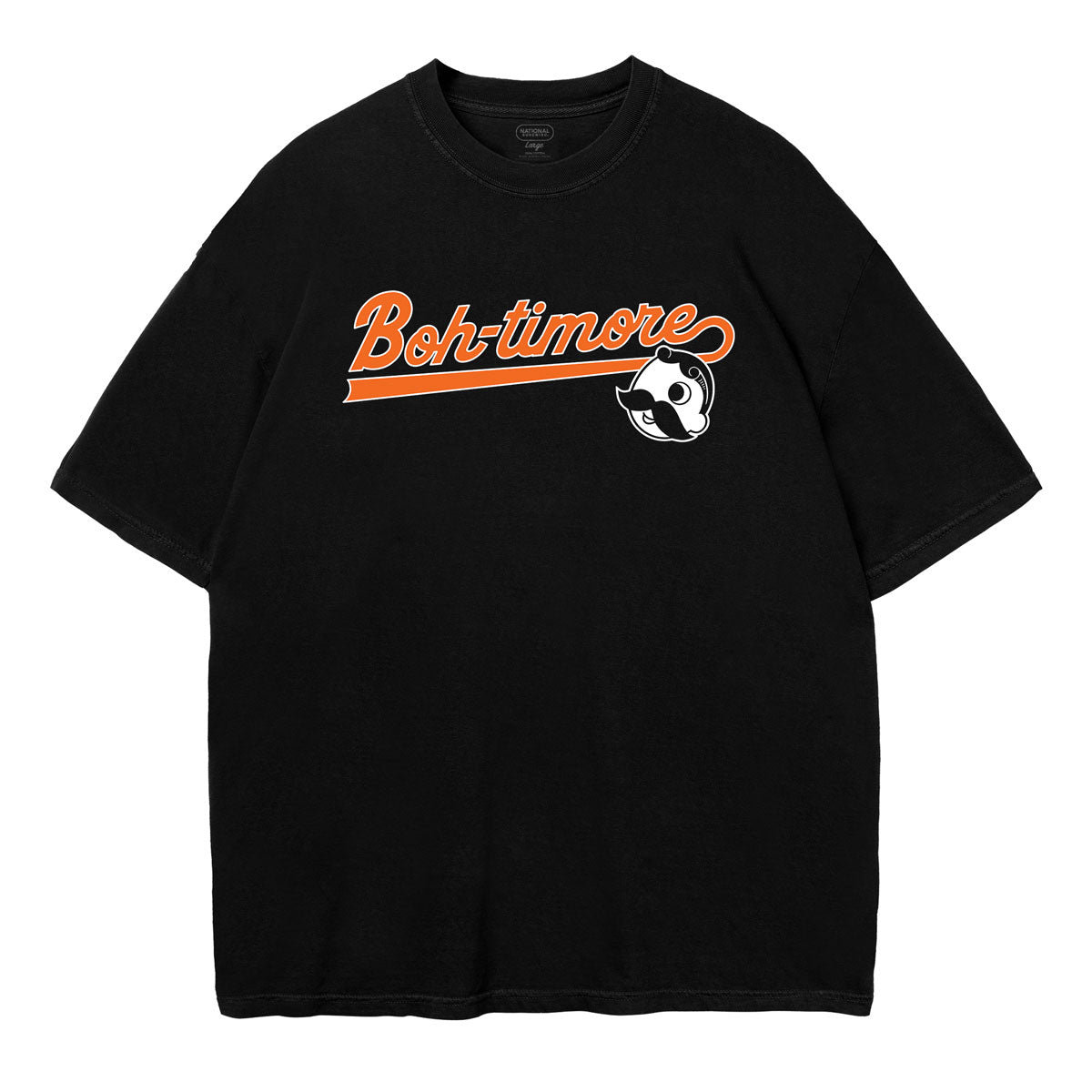 Black t-shirt with 'Boh'timore' text and logo on a white background
