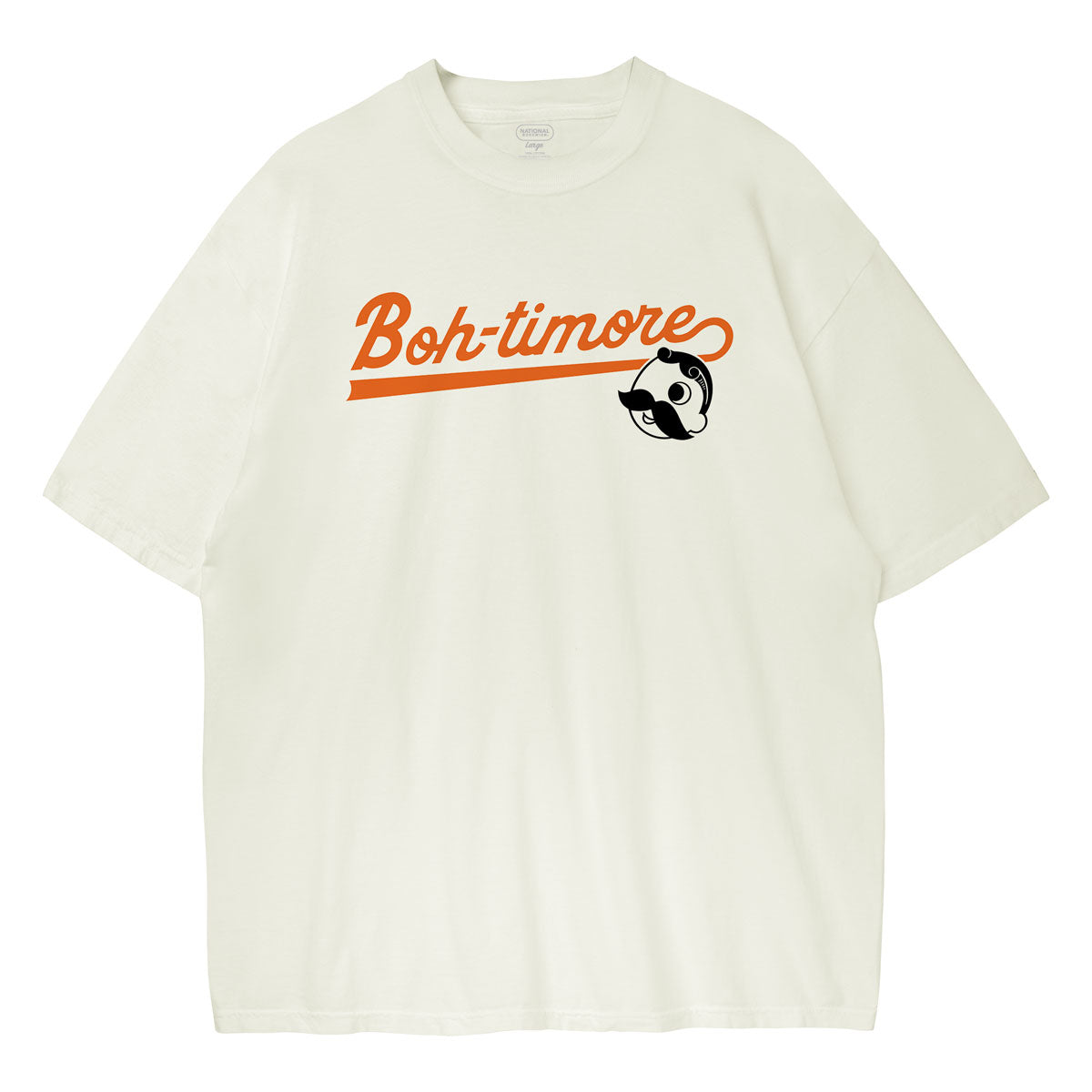 Ivory t-shirt with 'Boh-timore' text and logo on a white background