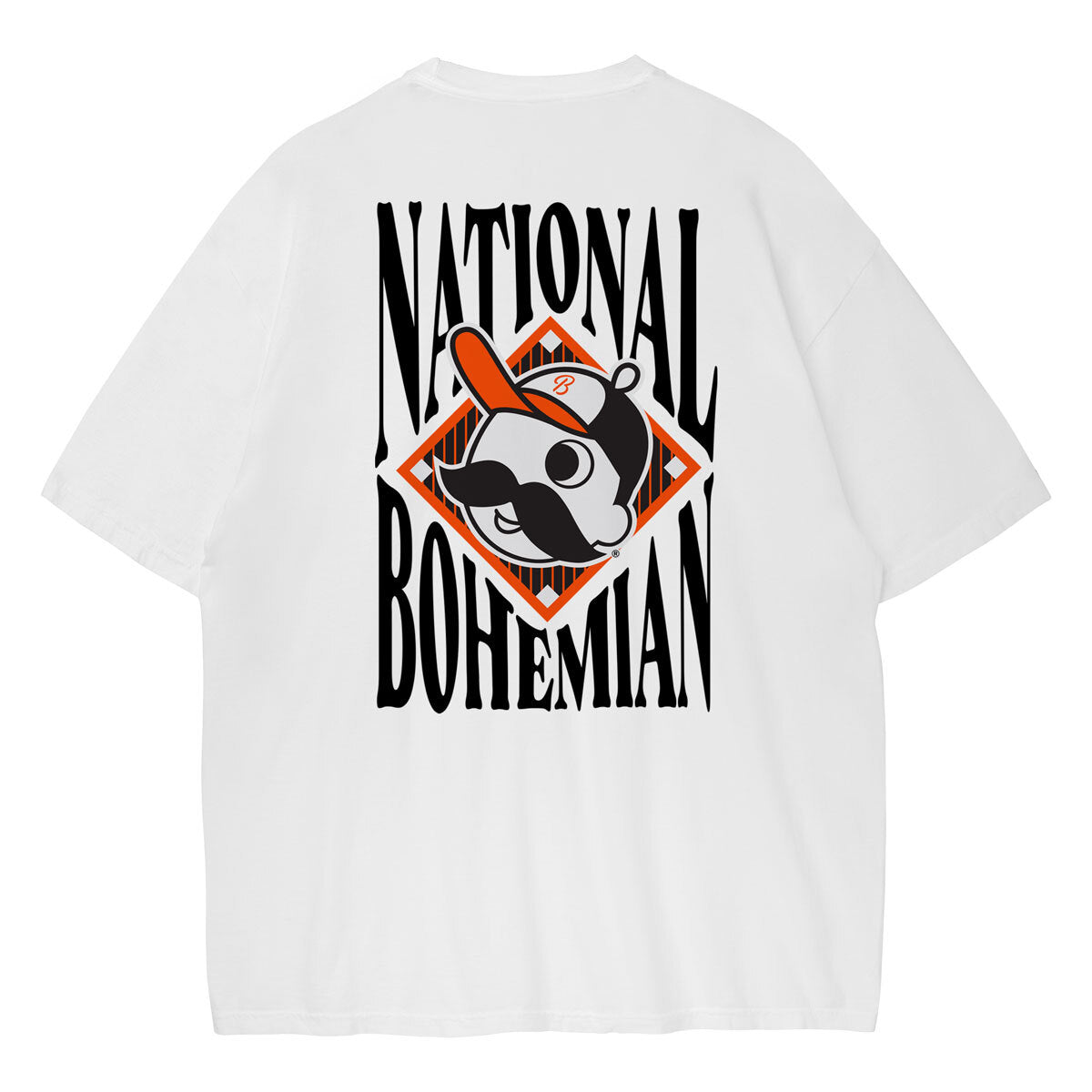 White t-shirt with 'National Bohemian' graphic on a white background