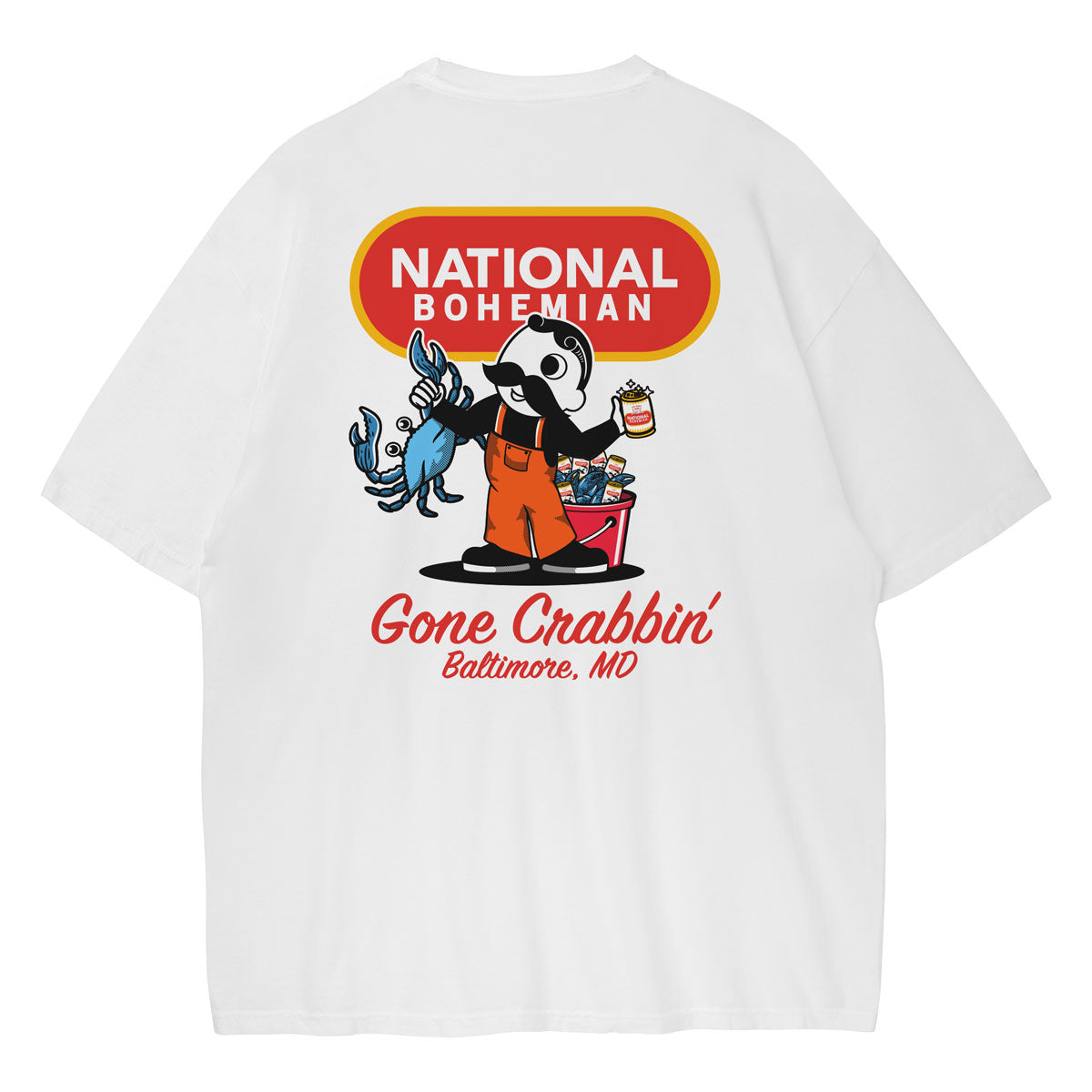 White t-shirt with a graphic design featuring a Mr. Boh crab fishing and 'National Bohemian' branding on the back.