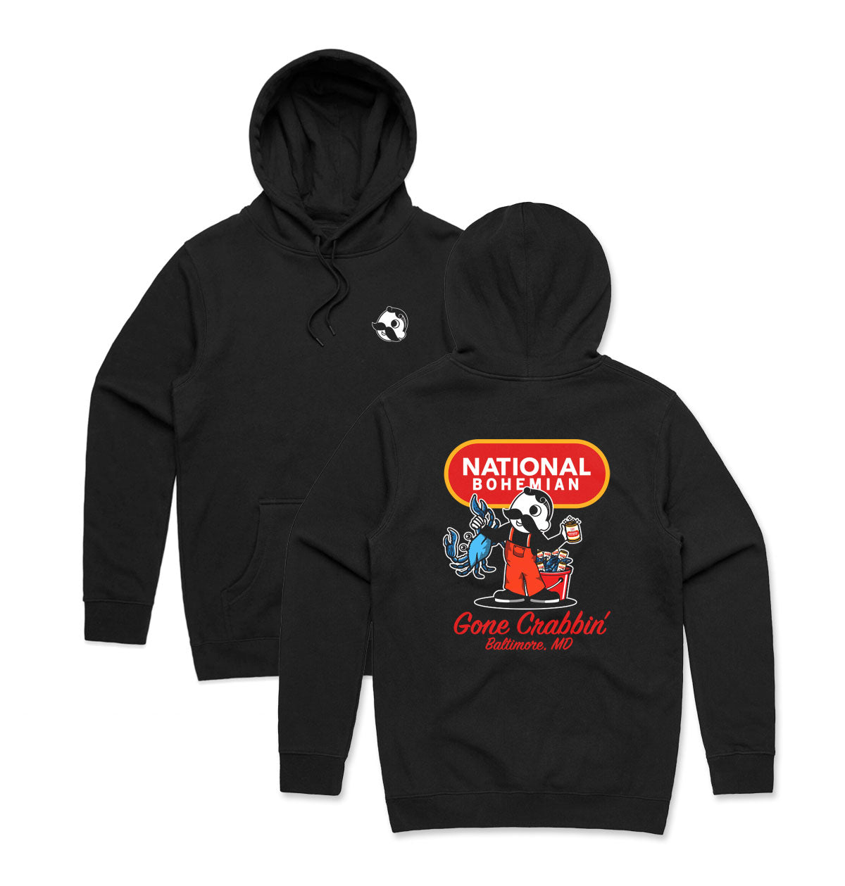 Black hoodie with National Bohemian logo and Mr. Boh crab fishing.