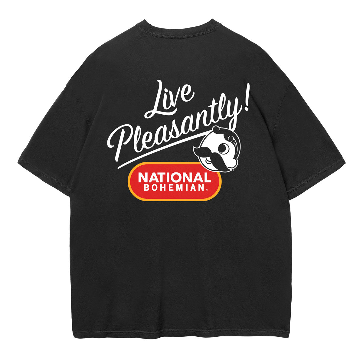 Black t-shirt with 'Live Pleasantly! National Bohemian' text and logo on a white background