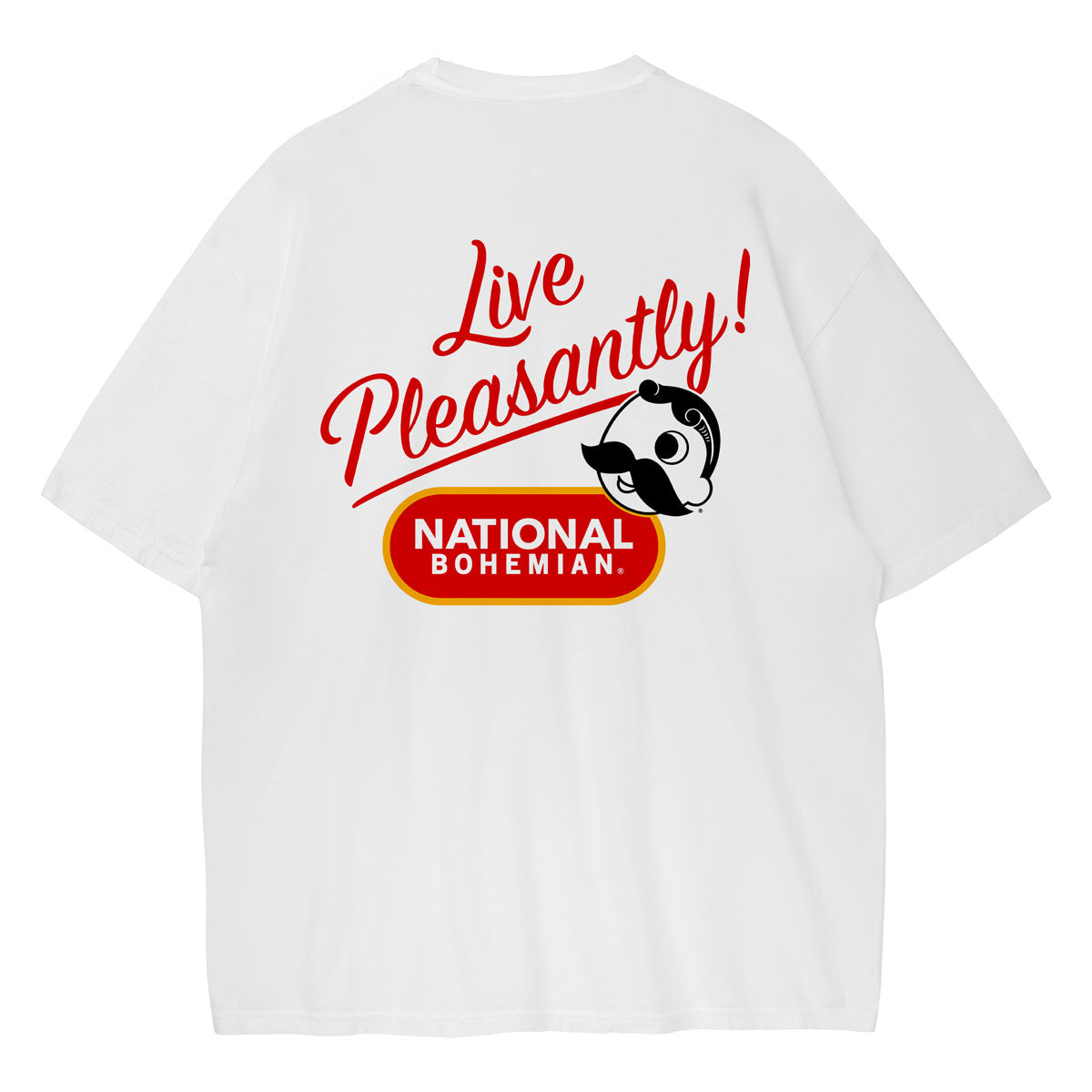 White t-shirt with 'Live Pleasantly' and National Bohemian logo on a white background