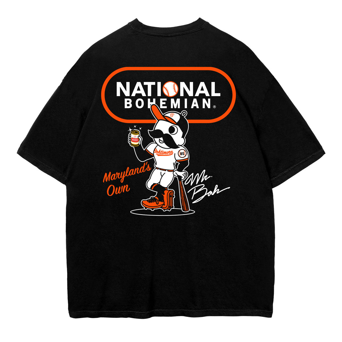 Black t-shirt with National Bohemian logo and Mr. Boh holding a beer on a white background