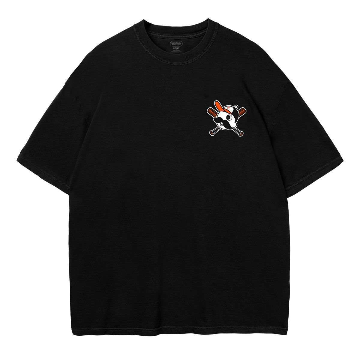 Black t-shirt with a small Mr. Boh graphic on the chest against a white background