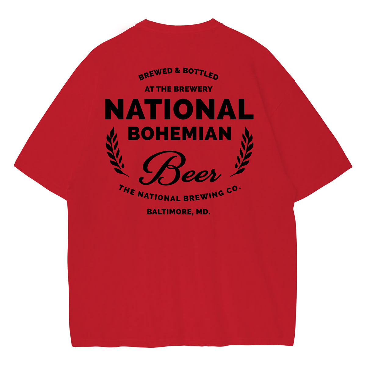 Red t-shirt with black National Bohemian logo in a Seal design on a white background