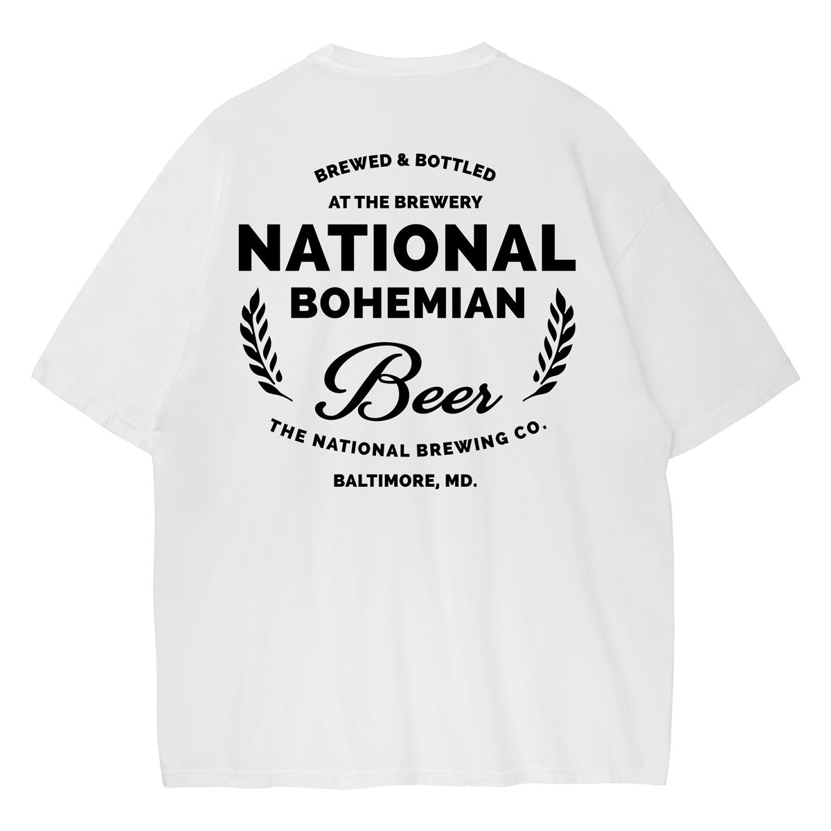 White t-shirt with black National Bohemian logo in a Seal design on a white background