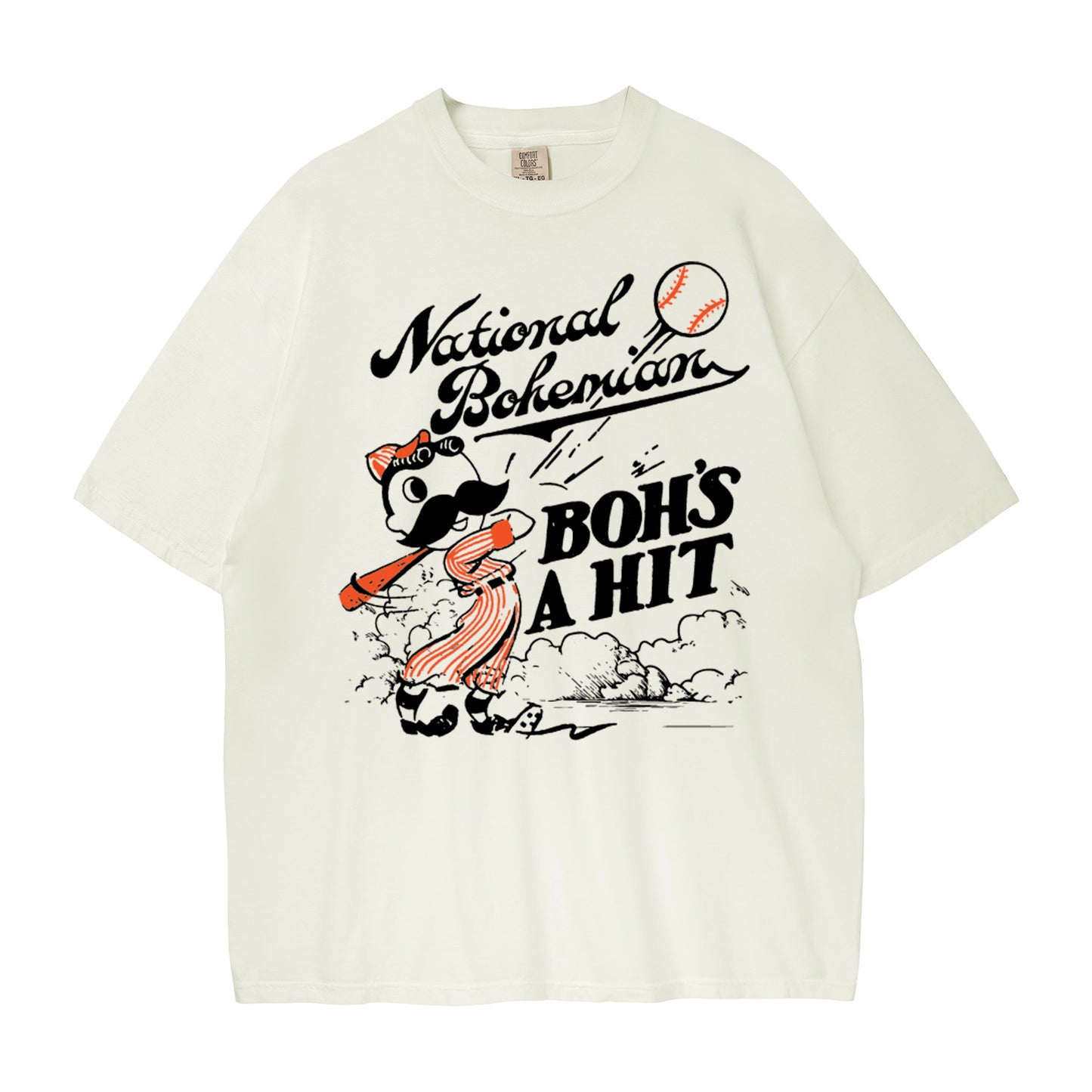 White t-shirt with vintage-style Natty Boh graphic and text on a white background