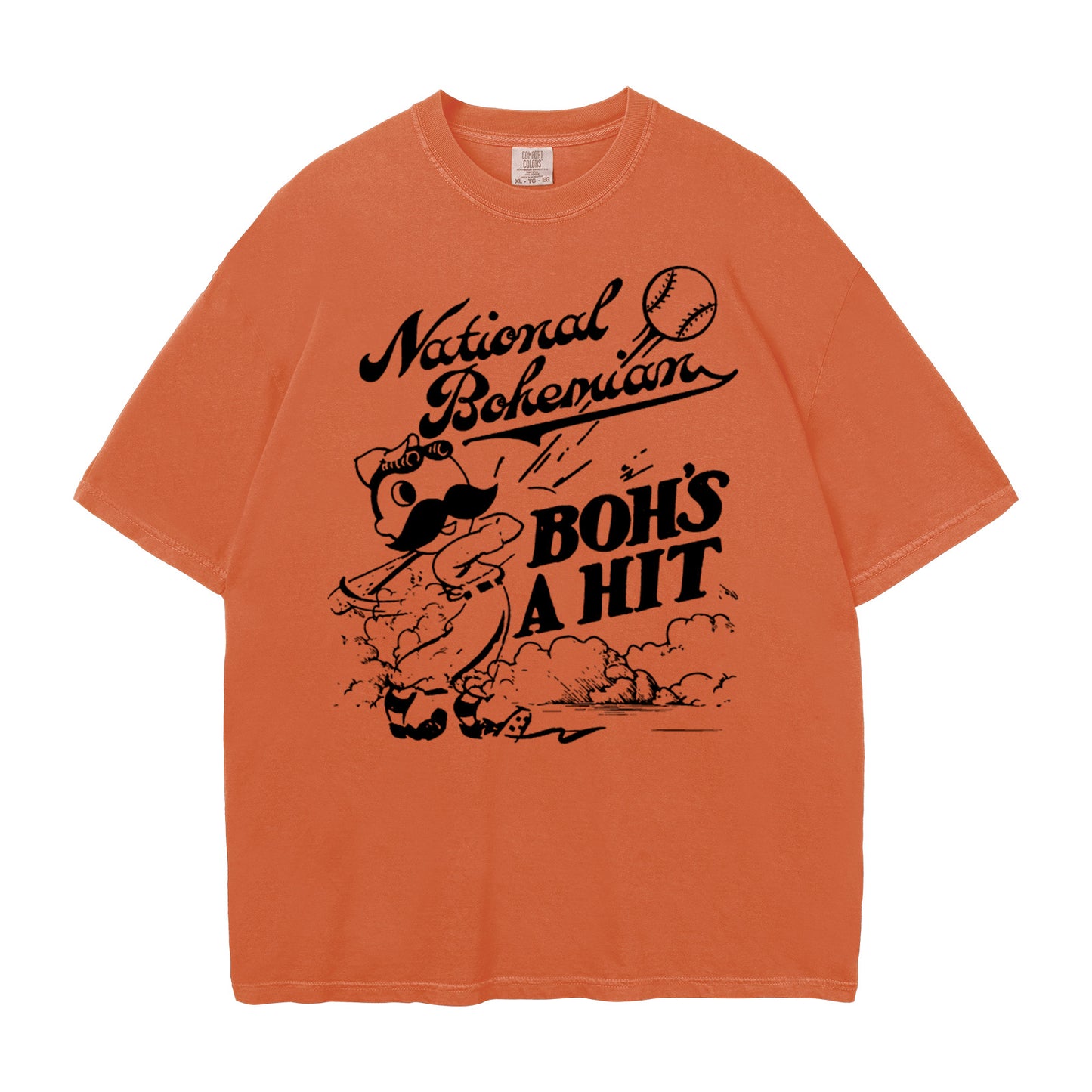 Orange t-shirt with vintage-style Natty Boh graphic and text on a white background