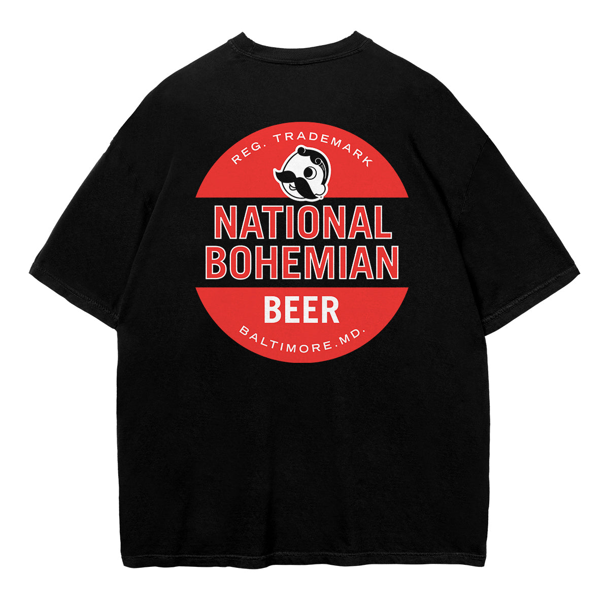 Black t-shirt with National Bohemian Beer logo on a white background