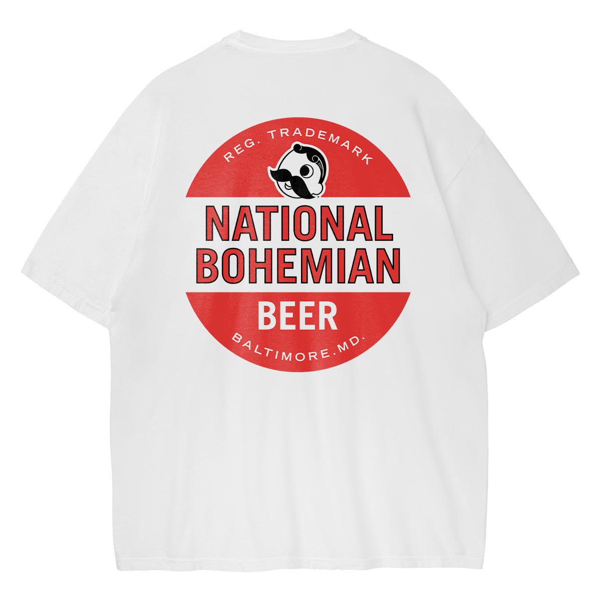 White t-shirt with National Bohemian Beer logo on a white background