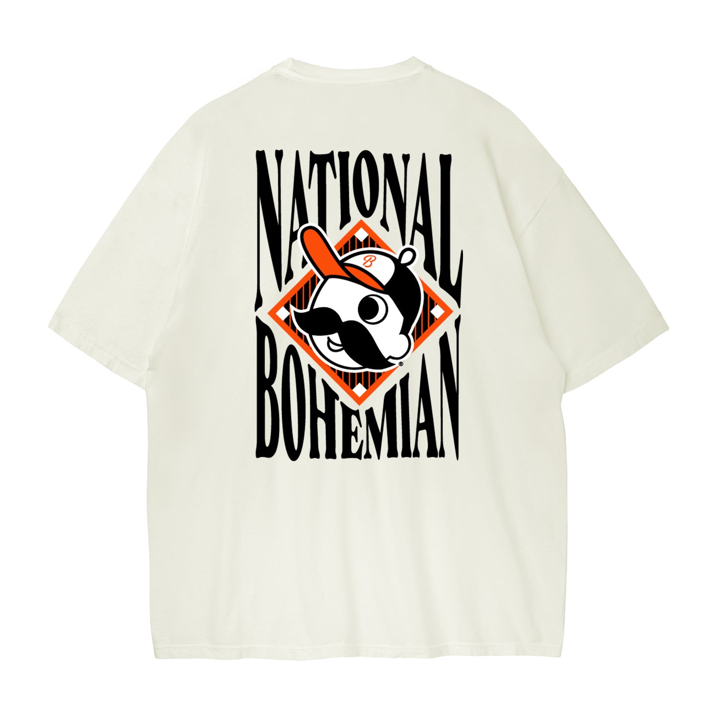 Ivory t-shirt with 'National Bohemian' logo on a white background