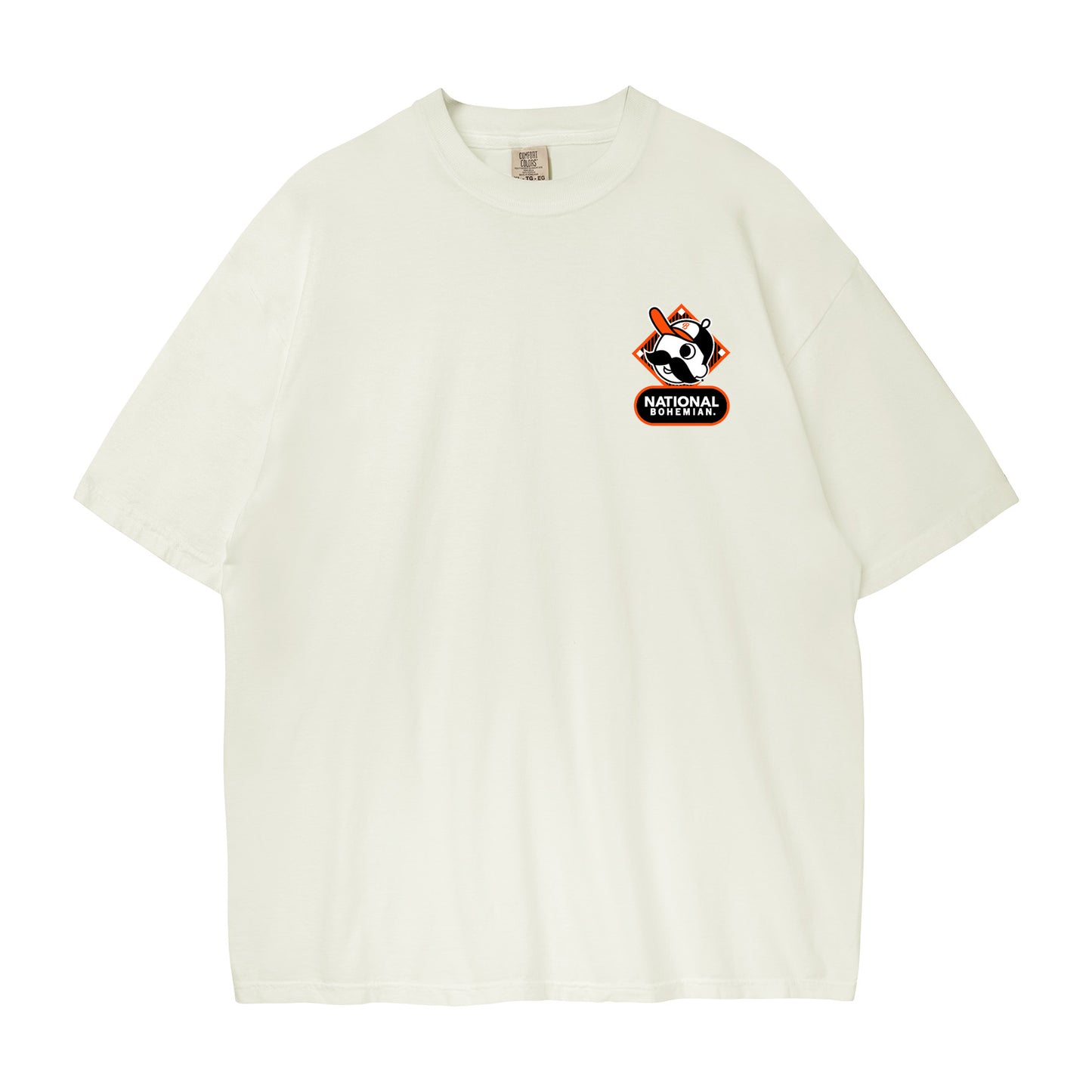 Ivory t-shirt with a logo on the chest against a white background