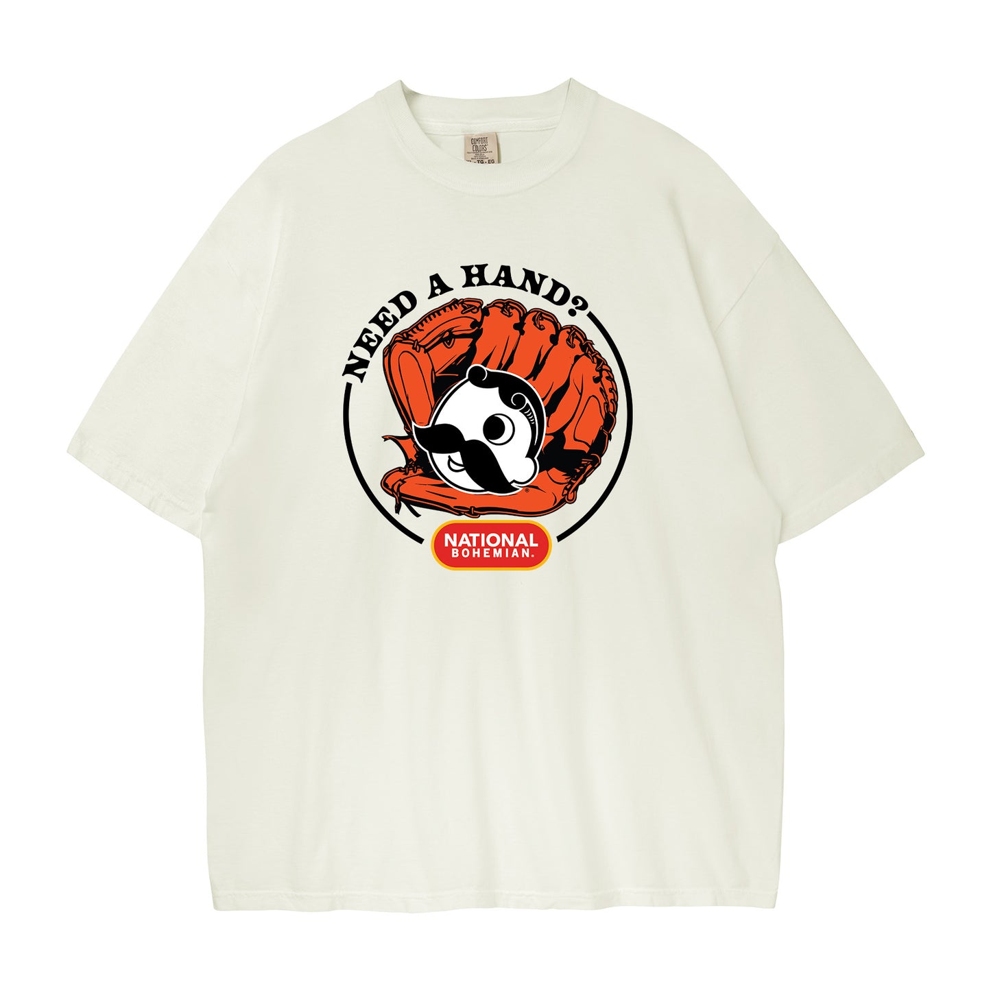 White t-shirt with Natty Boh graphic design 