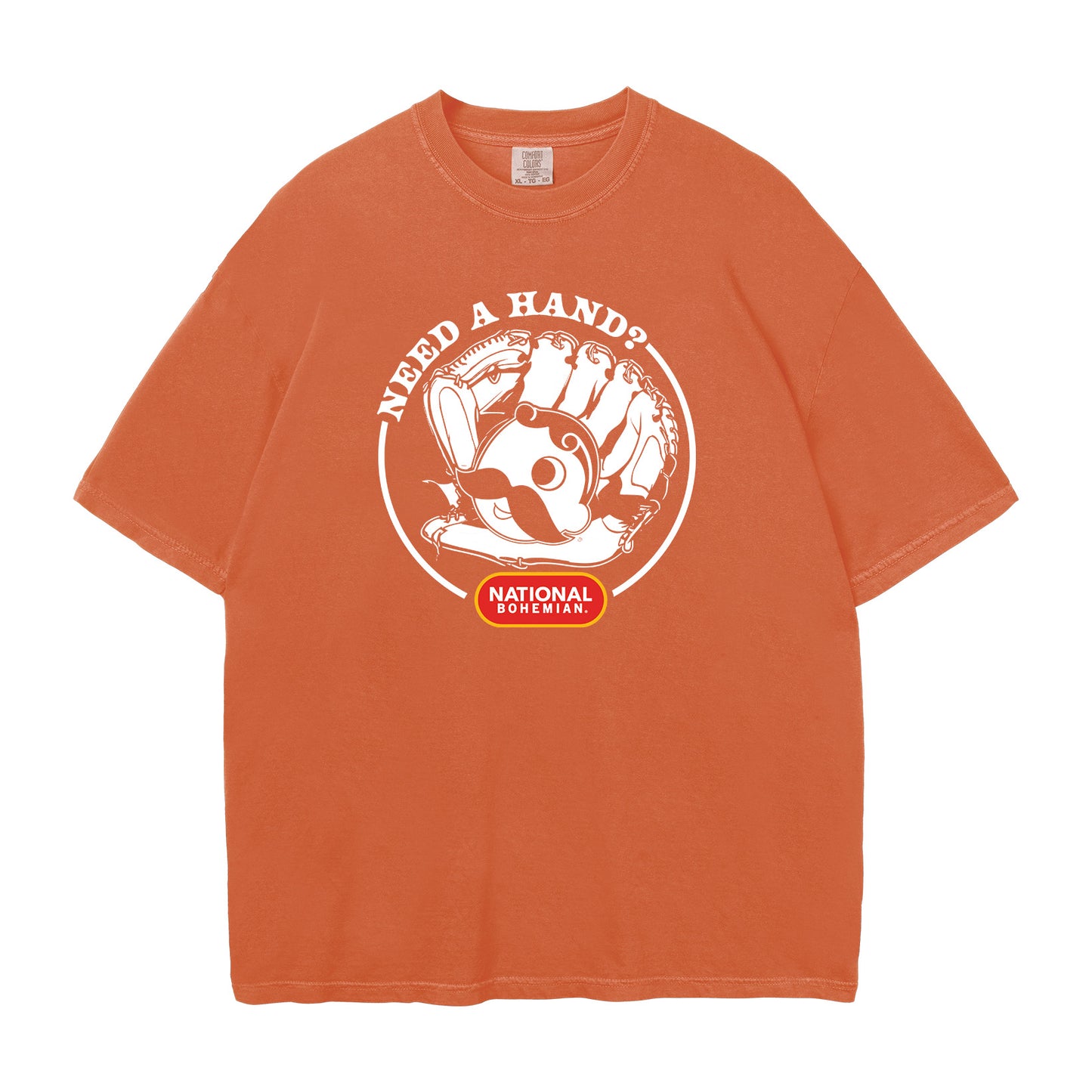 Orange t-shirt with Natty Boh graphic design 