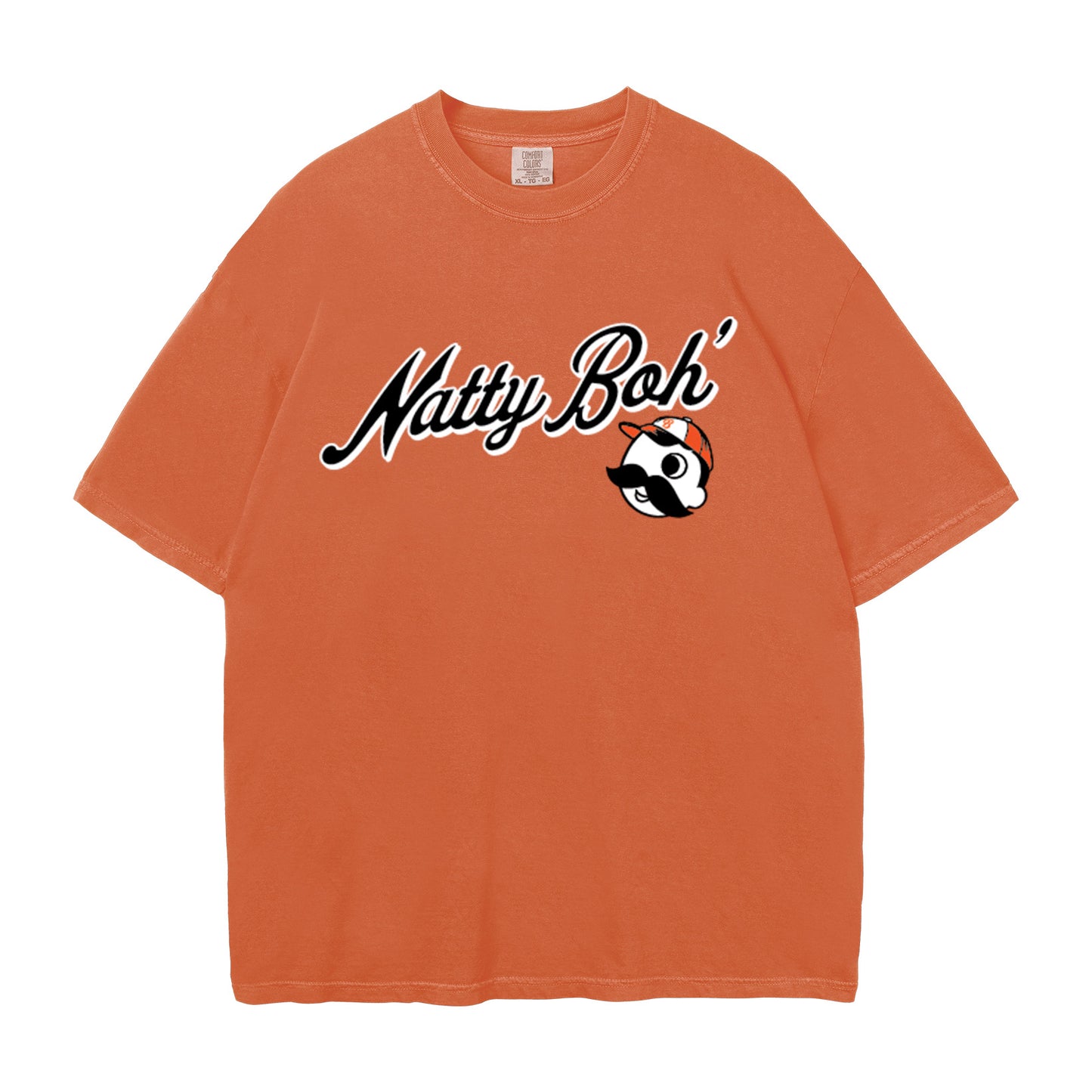 Orange t-shirt with 'Natty Boh' logo on a white background